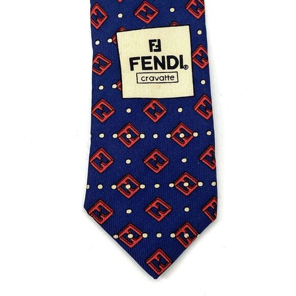FENDI Cravatte Blue & Red FF Monogram Logo 100% Silk Neck Tie - Picture 3 of 7